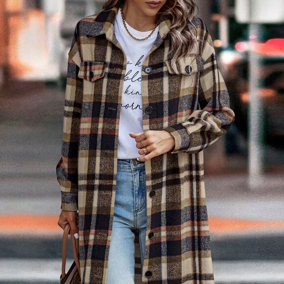 Navy Blue Elegant Women's Plaid Long Sleeve Button Up Shacket - Picture 2 of 4